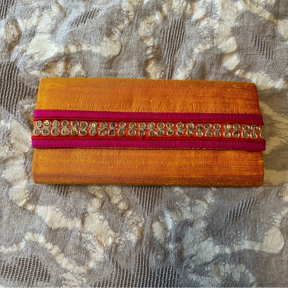 Orange and hot pink small envelope clutch made from silk with embellishment NWOT - Picture 6 of 6